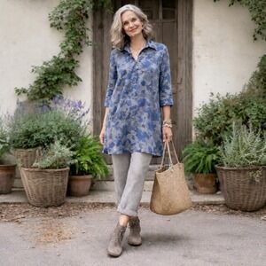 Comfy USA Tunic Shirt Dress Blue Gray Abstract Print Small Made USA Lagenlook